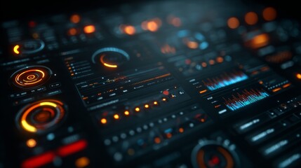 Close-up of a futuristic digital interface with glowing orange and blue elements, data readouts and controls