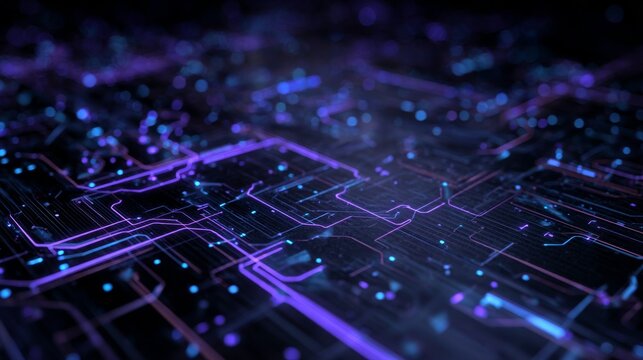 Abstract digital circuit board glowing with neon blue and purple lines and dots, creating a sense of futuristic technology - Powered by Adobe