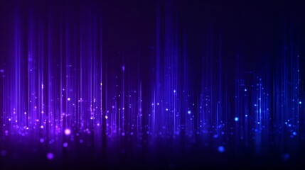 Abstract, vibrant graphic with vertical blue & purple light streaks, with glowing particles on a dark gradient background