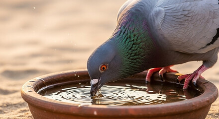 Pigeon drinks from terracotta bowl, head-down, iridescent neck