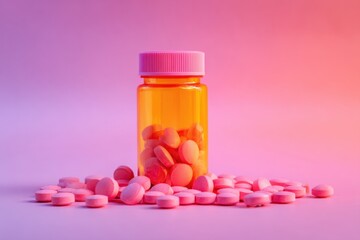 Pink Pill Serenity Amber Bottle on Soft Backdrop: Health, Medication, and Well-being for Holistic Lifestyle and Treatment, Illuminating Pharmacy and Pills Industry with Gentle Hues