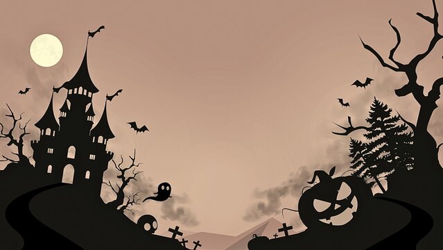Spooky haunted castle silhouette with full moon, bats, pumpkins, ghosts and graveyard creates a chilling Halloween night scene