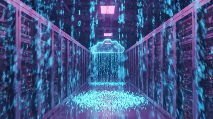 Neon cloud symbol streaming binary code inside modern data center - Powered by Adobe