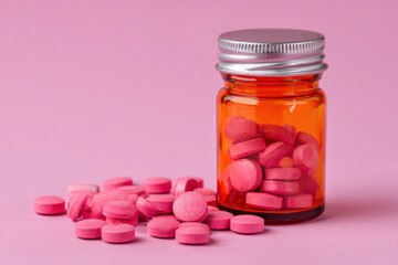 Rose-Tinted Wellness: Close-Up of Medication Bottle with Pills on Pink Surface, Evoking Tranquility and Health in Pharma Still Life for Serene Medical Awareness