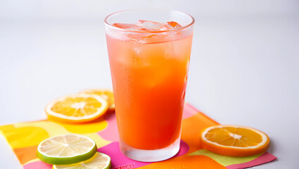Fototapeta premium Glass of a Refreshing Cold Drink with Ice and Sliced Oranges and Limes