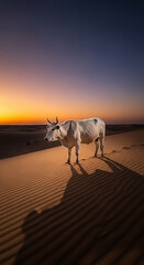 White cow stands in desert at sunset casting long shadow