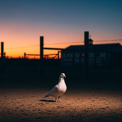 White dove on dirt at sunset with fence and building