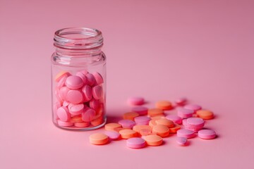 Dual-Toned Harmony: Pills Overflowing from Glass Bottle on Pink Background, Showcasing Variety and Pharmaceutical Health for a Clean Medical Aesthetic