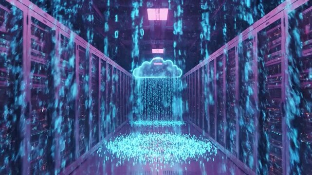 Neon cloud symbol streaming binary code inside modern data center - Powered by Adobe