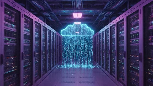 Glowing cloud icon above racks of servers in data center