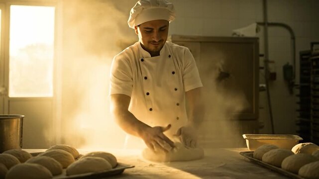 Professional baker shaping loaves with flour dust in the air