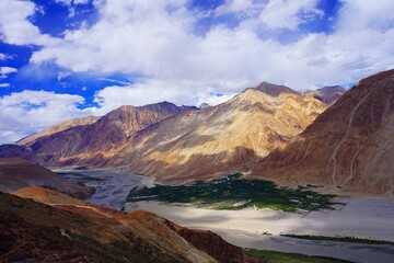 Ladakh, India: Valley of Shyok river with Khalsar village 