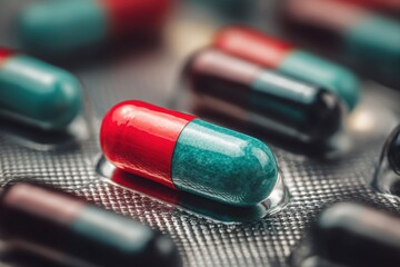 Close-Up of Colorful Medical Capsules in Blister Pack Healthcare and Medication for Pharmaceuticals Antibiotics Supplements and Various Treatments Representing Prescription Pills