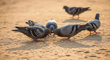Flock of Pigeons Feeding on Ground in the Afternoon Light, Urban Wildlife Encounter