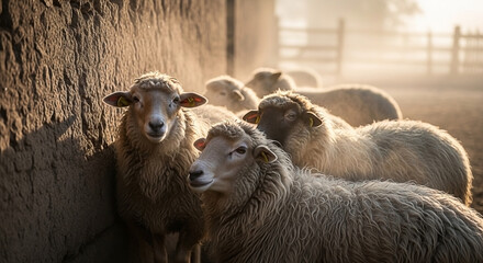 Sheep huddled by rustic wall in soft sunlight, rural scene