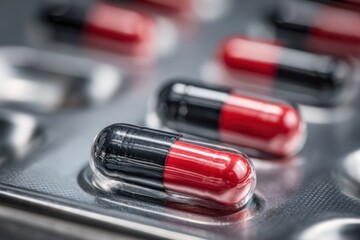Black and Red Capsule Pills on Silver Blister Pack Close-up Medication Treatment Pharmaceuticals Antibiotics Tablets for Healthcare Pharmaceutical Industry Cure