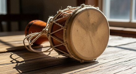 Djembe drum on wooden table, light from window creates sharp shadows