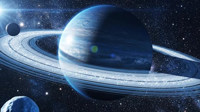 Cosmic scene featuring planets moons rings and stars showcasing celestial bodies and spatial elements