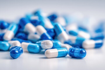 Pile of Blue and White Pill Capsules: Medical Treatment for Disease, Antibiotics for Infection, Pharmaceutics Remedy for Illness, Health Care Medication on Bright Surface