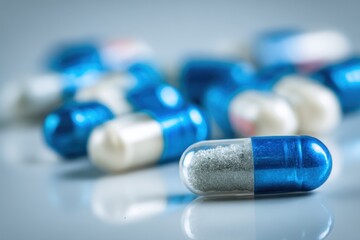 Blue and Transparent Pharmaceutical Capsules: Close-Up of Medication for Healthcare, Isolated Pills for Medical Purposes, Drug Manufacturing, Pharmacy Concept for Treatment
