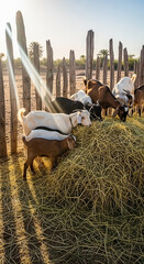 Goats eat hay inside a wood fence, warm sunlight beams through