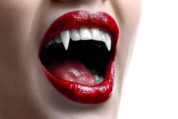Obraz premium Woman showing vampire fangs with red lipstick