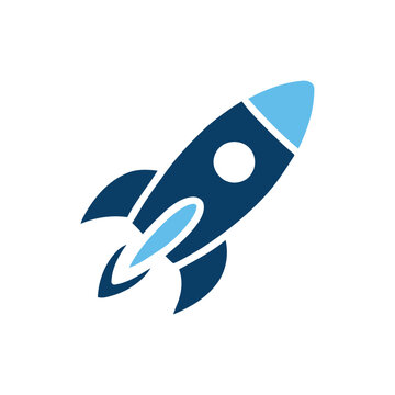 Simple blue rocket icon launching upwards against white background