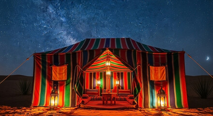 Night shot of ornate tent under Milky Way, desert scene