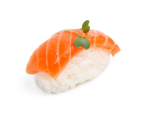 Delicious nigiri sushi with salmon and microgreens isolated on white
