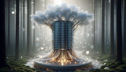 Frosted Data Grove: A Glassmorphism Server Tree with Wood-Grain Hard Drive Trunk and Floating Data Spores