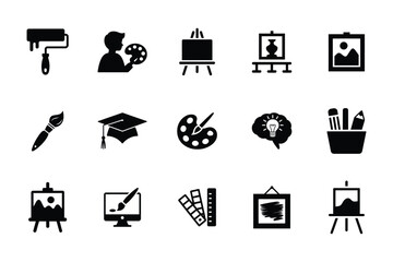 Art and creativity icons: painting, drawing, design, and education elements