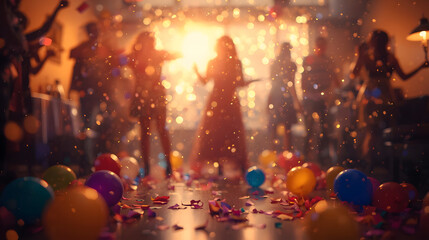 Vibrant atmosphere of a celebratory gathering with friends dancing amidst a shower of golden confetti and colorful balloons on the floor