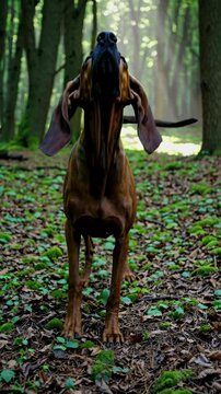 A low-angle video shot of a brown dog walking through a sunlit forest, capturing the serene atmosphere and natural beauty of the woods.