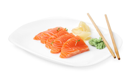 Fresh salmon sashimi with microgreens, wasabi, ginger and chopsticks isolated on white