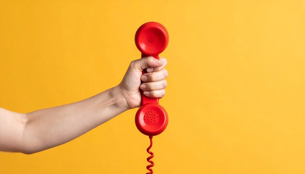 Person grasping a red telephone receiver against a vibrant yellow background