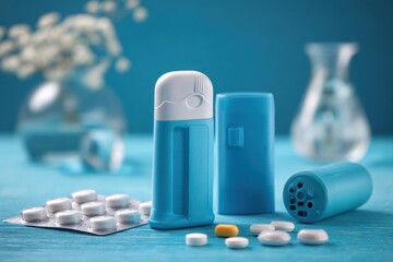 Pharmaceuticals and Medical Treatments Still Life Featuring Capsules, Blister Packs, Sprays on a Turquoise Wood Surface Displaying Healthcare and Wellbeing Products