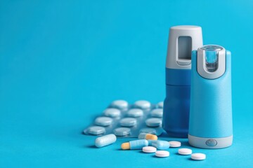 Medications and Healthcare Products Still Life Featuring Tablets, Capsules, and Sprays on a Blue Background Promoting Health and Wellbeing and Drug Store Products