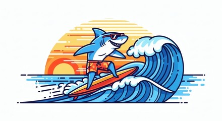 Shark Clipart Surfing Shark with Sunglasses at Sunset - Fun Summer Design