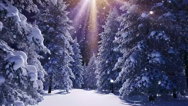 A serene winter landscape unfolds in a snow-covered forest, where majestic evergreen trees stand heavily laden with fresh white snow. Gentle snowflakes drift softly through the air, illuminated by eth