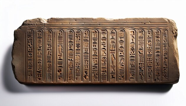 ancient weathered stone tablet featuring vertical columns of egyptian hieroglyphs on white background