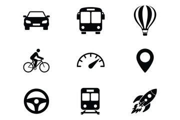 Collection of transportation and travel icons in black silhouette