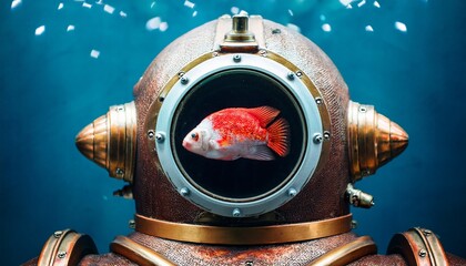 ornate vintage diving helmet with red and white fish inside front window