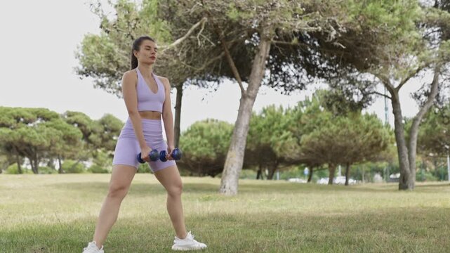 Fit woman performing weighted sumo squats in the park