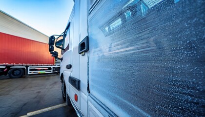 medium shot focused on the frostcoated seals of a refrigerated truck door with the blurred loading dock underlining secure perishable goods delivery