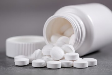White Pills Overflowing from Plastic Bottle Medication Pills Healthcare Treatment Vitamins Supplements Medicine Wellness Prescription Macro Photography