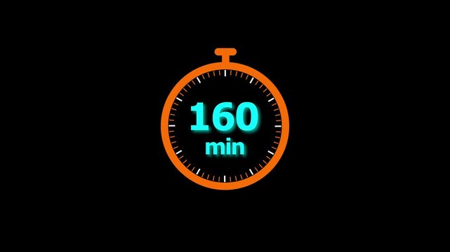 Animation video timer icon with 160 min. timer 160 minutes countdown icon. motion graphic arrow Clock 160 minute icon, white background 4k video animation.