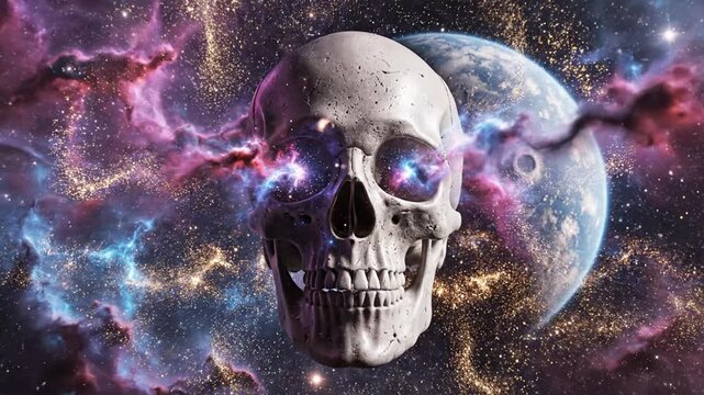 Cosmic skull illustration with planet and nebula background digital art concept dark theme