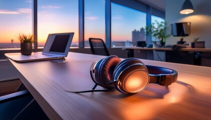 sharp focus on calming led ambient lighting and noisecanceling headphones resting on a desk highlighting sensoryfriendly tools in a quiet office space