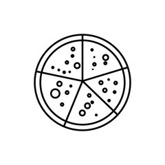 Isolated black and white pizza icon. Top view, doodle style. Suitable for mobile apps, websites, and advertising. Fast food, healthy eating, baked goods.