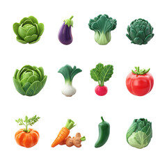 Vegetables 3d icons of lettuce, eggplant, bok choy, turnip, artichoke, collard, cherry tomato, jalapeno, carrot, ginger, fenne isolated on transparent background